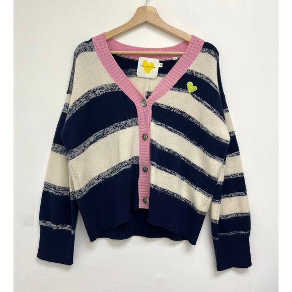 Kerri Rosenthal 100% Cashmere Mixed Stripe Colorful Heart Boxy V-Neck CardiganXS - Picture 1 of 9